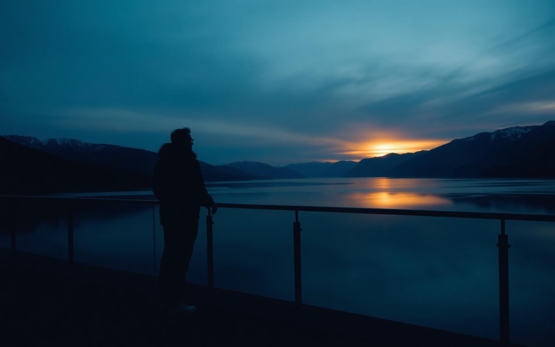 A traveler at dusk looking out over a mountain lake